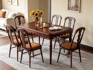 Vintage Dark <b>Wood</b> <b>Dining</b> <b>Table</b> Set, 4 Seater with Scalloped Edge & Upholstered Chairs - Product Image 3