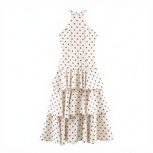 Vestido maxi halter con estampado de lunares y volantes para mujer, sin mangas, corte A, holgado, informal, de verano, tejido. - Product Image 2