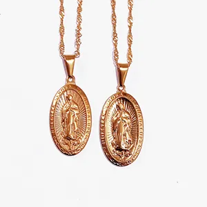 ステンレス鋼聖母聖母マリアネックレス18kゴールドメッキ女性男性クリスチャンジュエリークロスミラキュラスメダルネックレス