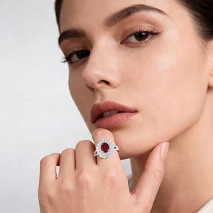 Bague vintage en or blanc 14 carats avec rubis rouge vif taille ovale personnalisée, halo floral double couche de diamants et sangle pavée de diamants - Product Image 5