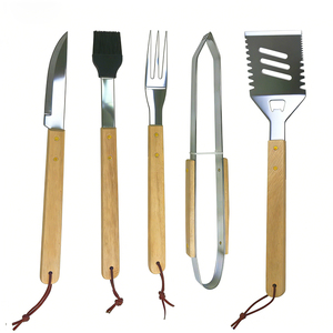 5件木制手柄烧烤烤架用具工具不锈钢烧烤工具套装带竹子定制盒 - Product Image 1