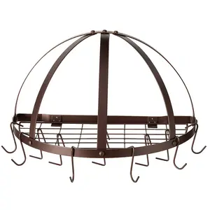 Metal Wall Mounted Half-Round Pot Rack with Grid & 12 Hooks for Kitchen