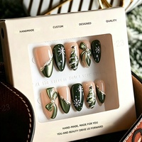 Lot de 30 faux ongles à presser en ABS, forme amande, vert foncé, effet œil de chat, motifs flocon de neige et nœud, amovibles, pour Noël