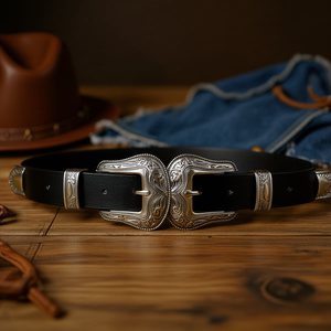 Cintura in Vera Pelle 3x100cm con Fibbia Argento Stile Western Accessorio Moda Unisex - Product Image 3