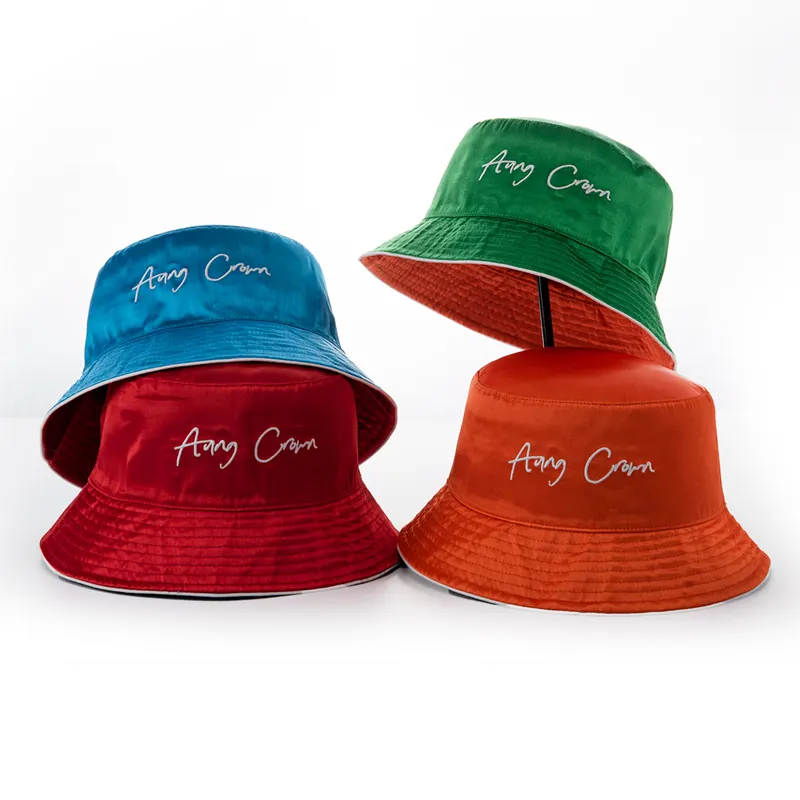 Custom High Quality Sun Protection Reversible Double Sided Wear Designer Lined Satin Fisherman Bucket Hats With Embroidery Logo