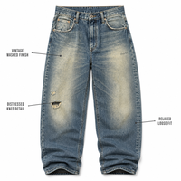 Jeans vintage délavés et déchirés, coupe décontractée ample, jogger en denim avec revers, streetwear personnalisé, OEM ODM, vente en gros, marque privée