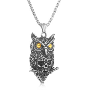 Colgante de búho de acero inoxidable con diseño de calavera, collar con cadena de ojos amarillos para hombres y mujeres, regalo de joyería de moda 1207 - Product Image 1