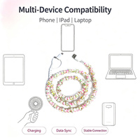 Câble de données USB décoratif à perles imprimées florales transparentes, connecteur universel 3-en-1 pour téléphone portable