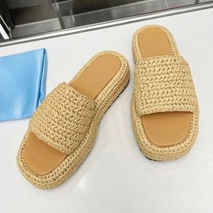 Women Designer Sandals Fashion Straw Sandal Platform Slippers Leather Slip-on <b>Pool</b> Prad <b>Slides</b> slippers Thick Heels Summer Beach - Product Image 1