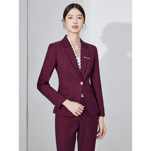 Women's Wine Red Suit Set Formal Wear Spring Autumn Anti-Wrinkle Polyester Full Sleeve Professional Office Outfit - Product Image 1