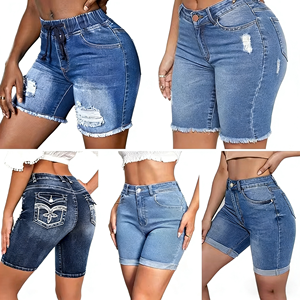 Shorts in Denim da Donna, <span class=keywords><strong>Pantaloncini</strong></span> Estivi Casual Traspiranti in Denim Retrò, Shorts in Denim a Vita Alta con Effetto Ondulato e Vestibilità Slim - Product Image 1