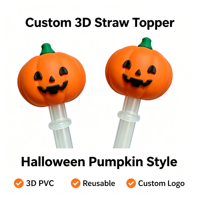 Vente en gros de capuchons de paille réutilisables en PVC 3D en forme de citrouille avec logo personnalisé pour Halloween, accessoires pour pailles de gobelets