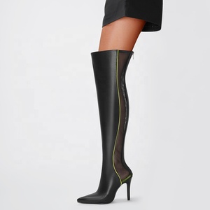 Botas Altas de Verano para Mujer, Talla Grande 46, de Malla y Cuero con Parches, Punta Puntiaguda, Estilo Stiletto - Product Image 1