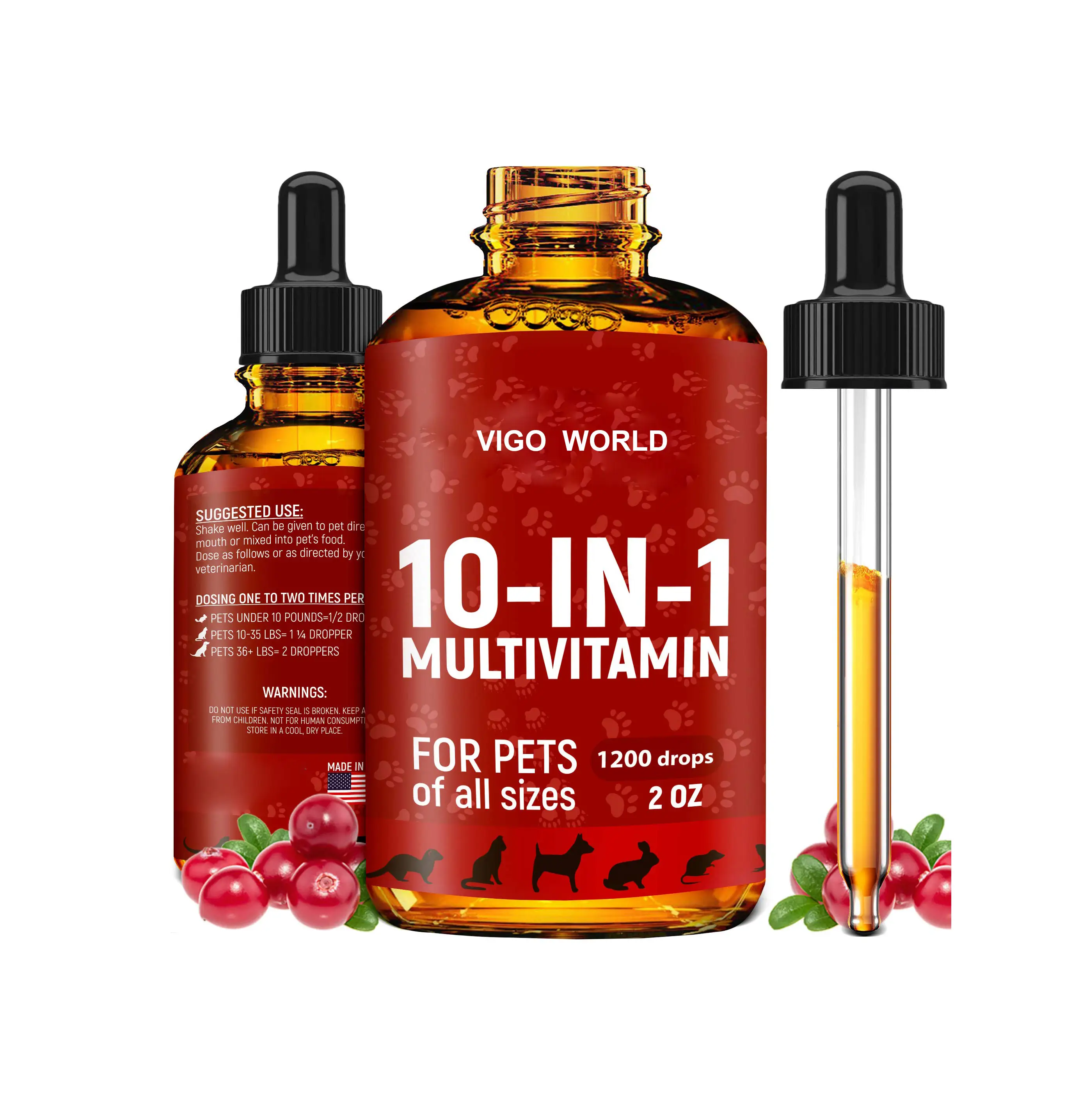 Natural 10 In 1 Cat & Dog Multivitamin Liquid Drops with Cranberry Extract Support Hip & Joint Health for Pets