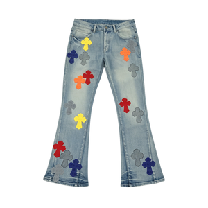 Jean en denim évasé vintage multicolore élégant avec patchs décoratifs et poches latérales pratiques pour le style streetwear et le hip-hop au quotidien - Product Image 5