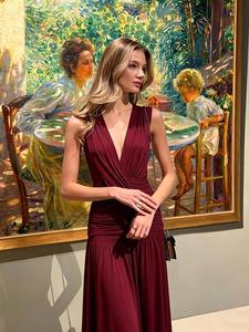 Robe longue sans manches en jersey doux pour femme, col en V profond, froncée, style cache-cœur - Service d'agent d'achat FTS Chine, expédition DDP, dédouanement - Product Image 1