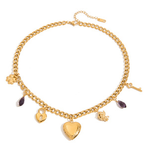 Collier en acier inoxydable avec pendentif cœur, plaqué or, clé et cadenas, améthyste, bijou cadeau - Product Image 5