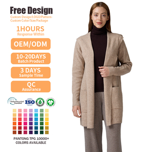 Cárdigan de punto con capucha para mujer, mezcla de lana, frente abierto, suéter personalizable de alta gama, abrigo de punto de longitud media con bolsillos - Product Image 2