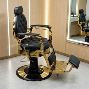 Sillón de Barbería Hidráulico Negro Dorado, Silla de Estilismo Reclinable con Reposapiés para Peluquería - Product Image 3
