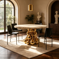 Table à manger ronde de luxe en marbre avec base sculptée en forme de goutte d'eau dorée, table de designer pour villa, hôtel, salle à manger