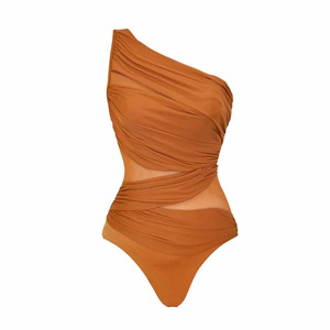 Women 1 Piece High Cut One Shoulder <b>Mesh</b> Cutout Ruched Print Wrap Beach <b>Skirt</b> Quick Dry Swimwear Wholesale - Product Image 4
