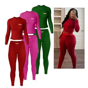 Abbigliamento Femminile Rosso con Logo Personalizzato, Set Due Pezzi in Poliestere Costolato, Completo Loungewear Athleisure Autunno 2024 - Product Image 1