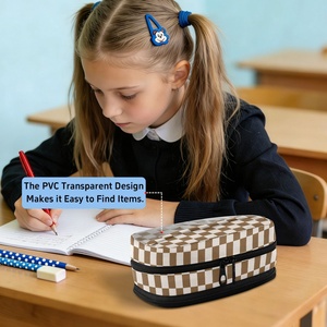 Estuche Escolar para Lápices con Cierre de Cremallera de 2 Capas, Diseño a Cuadros Marrón, Impresión Personalizada, Estuche Resistente de PVC para Estudiantes - Product Image 6