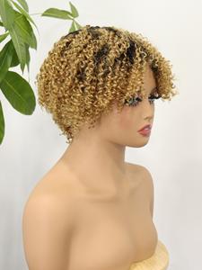 Perruques courtes bouclées afro blondes ombrées pour femmes noires, perruque afro courte avec frange, fabriquée à la machine, cheveux humains vierges indiens, coupe pixie - Product Image 3