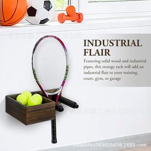 Soporte de madera para raqueta de tenis con caja de almacenamiento para pelotas, montado en la pared, de una sola capa, de madera maciza, para uso en garaje. - Product Image 2
