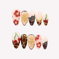 Offre Spéciale : Faux Ongles Vintage 3D Motif Cerise, Fleur et Papillon, en Forme d'Amande, à Coller, Vente en Gros, Ongles Faits Main en Relief pour Rendez-vous, Fêtes et Usage Quotidien