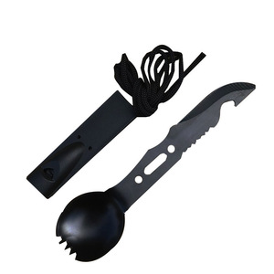 Outil multifonction de survie Fak en acier inoxydable, cuillère-fourchette à dents partiellement dentelées avec ouvre-bouteille pour le camping et les activités de plein air - Product Image 1