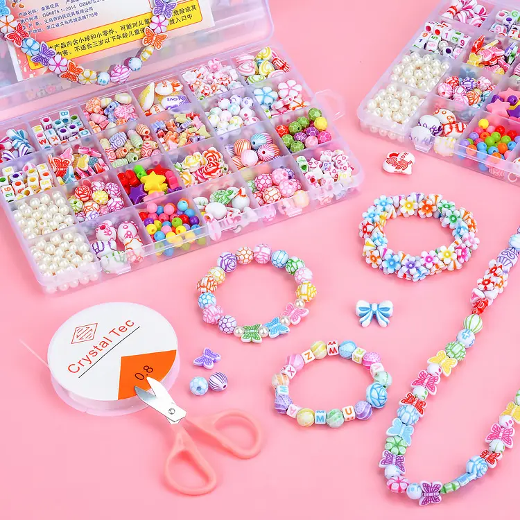 Más caliente 24 espacios joyería niñas juguetes niños DIY fabricación de collares juguetes divertido juego de enhebrado de plástico pulseras DIY cuentas juguete