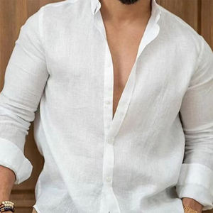 T-shirt Ample Décontracté à Manches Longues pour Hommes, Haute Qualité, Style Européen et Américain, en Coton et <span class=keywords><strong>Lin</strong></span>, Couleur Unie - Product Image 2