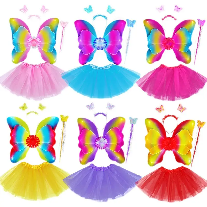 Conjunto de disfraz de hada para niñas, arcoíris, alas de mariposa, tutú de tul, falda, diadema, HCTB-032, 4 Uds.