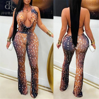 Combinaison moulante Jiubaju à imprimé cerf pour femme, col drapé, décolleté plongeant, dos ouvert, détail à nouer