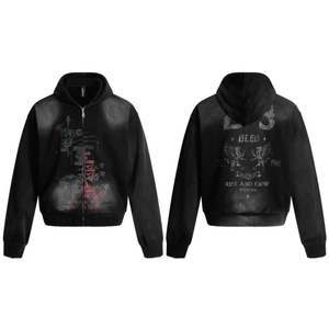 เสื้อฮู้ดดี้ผู้ชายสไตล์ฮิปฮอปแบบสบายๆ พิมพ์ลายดาว 23 ดวง รุ่นวินเทจ ล้างสีแบบแอซิด ซิปหน้า แต่งขาดๆ แบบดิสเทรส ขายส่ง - Product Image 1