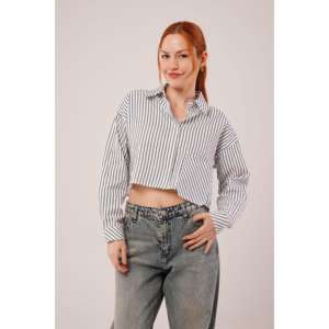 Chemises en mousseline de soie blanche pour femmes en gros, col asymétrique, style court, rayures, taille unique XL, pour le bureau, saison d'automne - Product Image 3