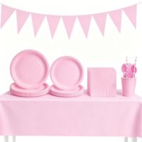 Kit de Vaisselle Jetable Rose Uni en Stock pour Fête d'Anniversaire – Assiettes, Gobelets, Serviettes, Couteaux, Fourchettes, Cuillères en Papier – Vente en Gros