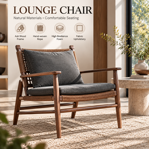 Fauteuil d'appoint VB Mid-Century Modern en bois de frêne avec assise en corde tressée, coussin en mousse haute résilience et revêtement en tissu pour la maison - Product Image 2