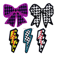 Custom Glitter Checkerboard <strong>Bow</strong> Embroidery Patch Lightning Bolt Chenille Patches Iron on Baseball Softball Badges for Apparel