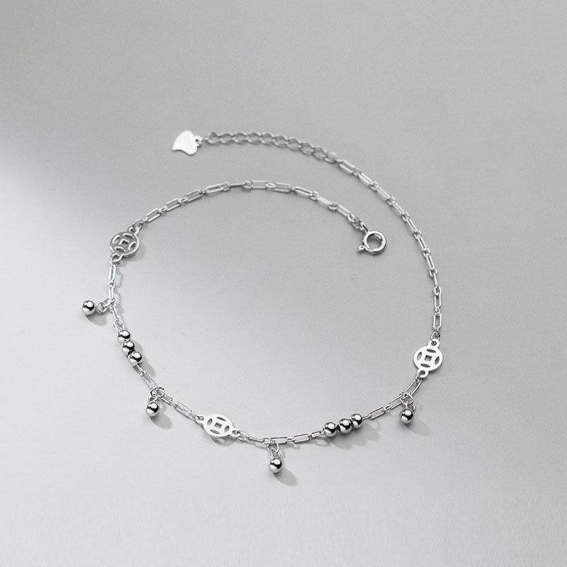 Bijoux Wholesale Hollow Coin Glossy Beads Anklets For Women 925 Sterling Silver Fine Jewelry