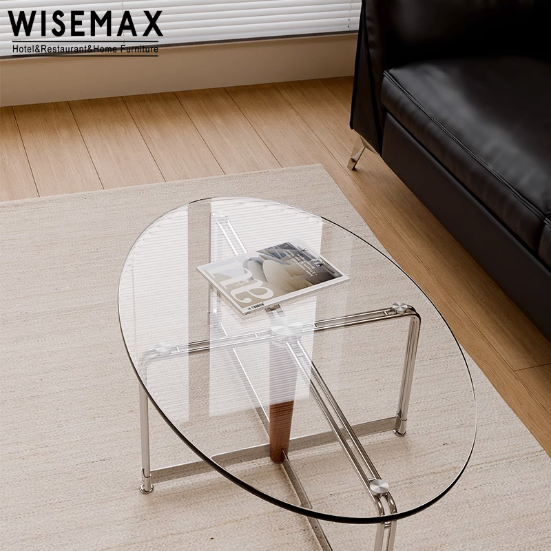 WISEMAX FURNITURE コーヒーテーブル 楕円形 ガラス天板 ローテーブル