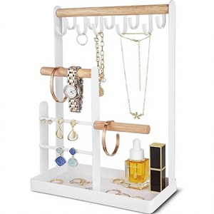 Organisateur de bijoux rectangulaire moderne avec barres et crochets en bois pour colliers, boucles d'oreilles, montres – Boîte de rangement et de présentation - Product Image 3