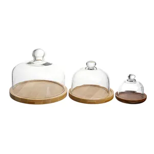 Factory Wholesale Small Eternal Desktop Fruit Glass Cloche Cake Stand With Glass Dome Wood Base For Home Decoration
