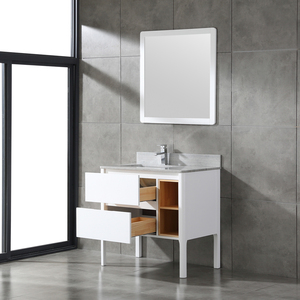 White Modern Solid Wood Bathroom Vanity with White Frame <b>Mirror</b> Grey Stone Top 2 Drawers Side Open Storage Shelves Freestanding - Product Image 3