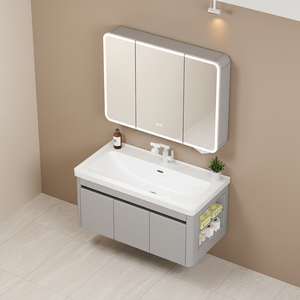 ตู้กระจกอัจฉริยะทรงโค้งพร้อมไฟส่องสว่าง วัสดุอะลูมิเนียมอวกาศ สำหรับห้องน้ำ พร้อมที่เก็บเครื่องสำอางและอ่างล้างหน้าเซรามิกแบบฝังลึก - Product Image 4