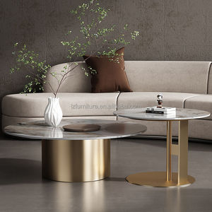 Italian Design Luxury <b>Nesting</b> Coffee <b>Tables</b> Grey Marble Stone Pattern Top Black Metal Pedestal Base Center <b>Table</b> Round End <b>Table</b> - Product Image 3