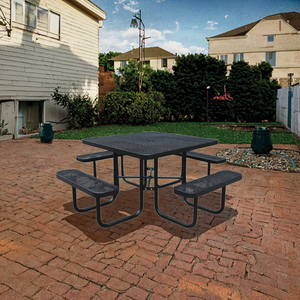 Table de pique-nique moderne en métal grillagé pour extérieur, style ferme, avec bancs amovibles, pour aire de jeux, patio, en acier, avec trou pour parasol - Product Image 3