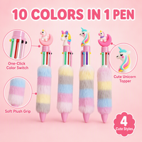 Stylo bille Kawaii Licorne 10 couleurs multicolores, avec grip en peluche arc-en-ciel, stylo pastel mignon pour filles, cadeau pour journalisation