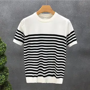 Original summer ice silk casual simple striped pullover men's O-neck short sleeve top youth all-match slim knitted shirt male